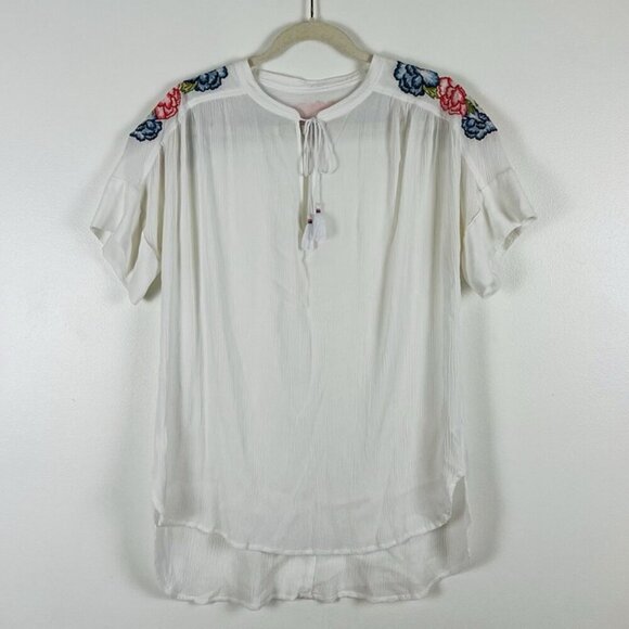 Lord & Taylor Tops - Lord & Taylor Embroidered White Blouse Sz L Short Sleeve Tunic Boho‎ Chic Beach